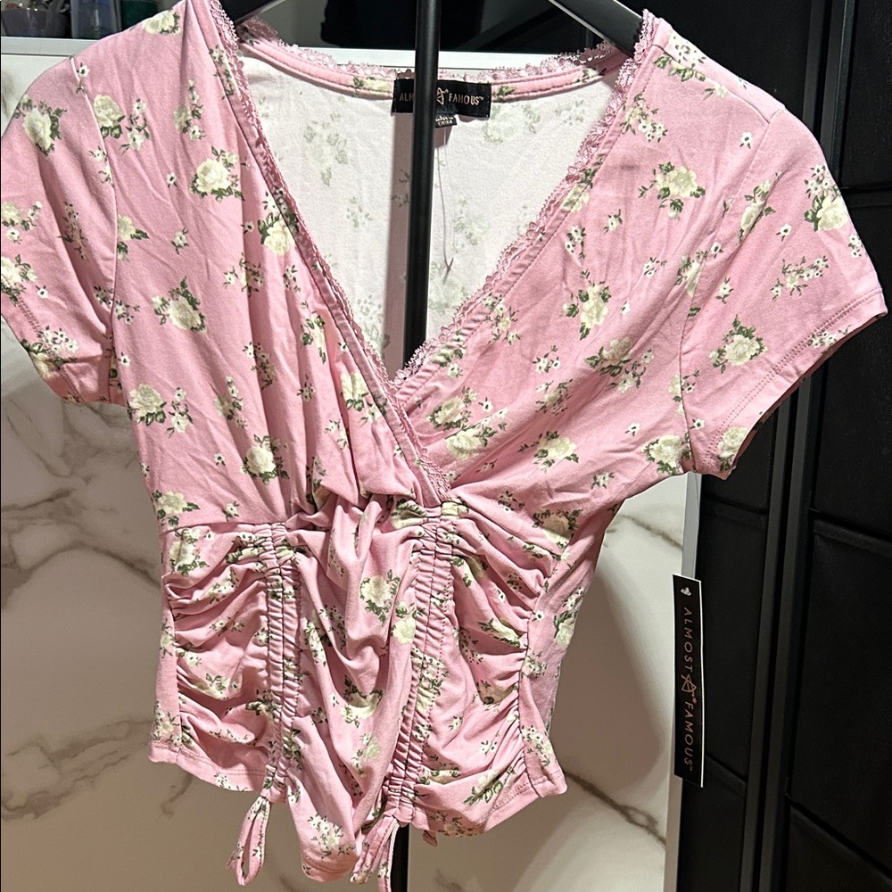 Almost Famous Pink Floral Ruched Crop Top